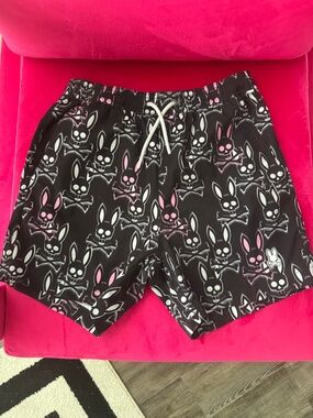 Psycho Bunny Black Swim Trunks with Pink Bunny Skull Print